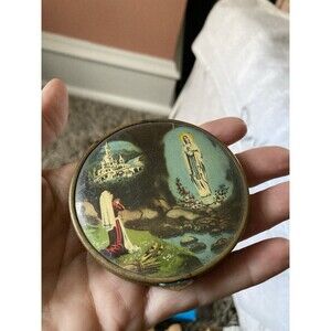 Vintage Virgin Mary Brass Compact w/ Mirror Catholic Tin 1940s Lourdes  French